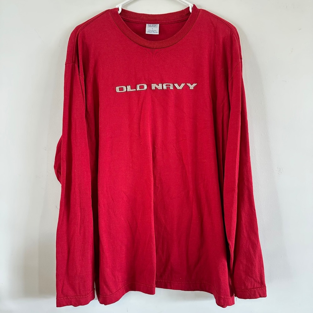 VTG Old Navy Red Long Sleeve T-Shirt 3D Chrome Logo Y2K Cotton Mens Large